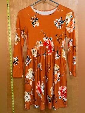 Floral Long-Sleeve Empire-Waist Dress in Rust